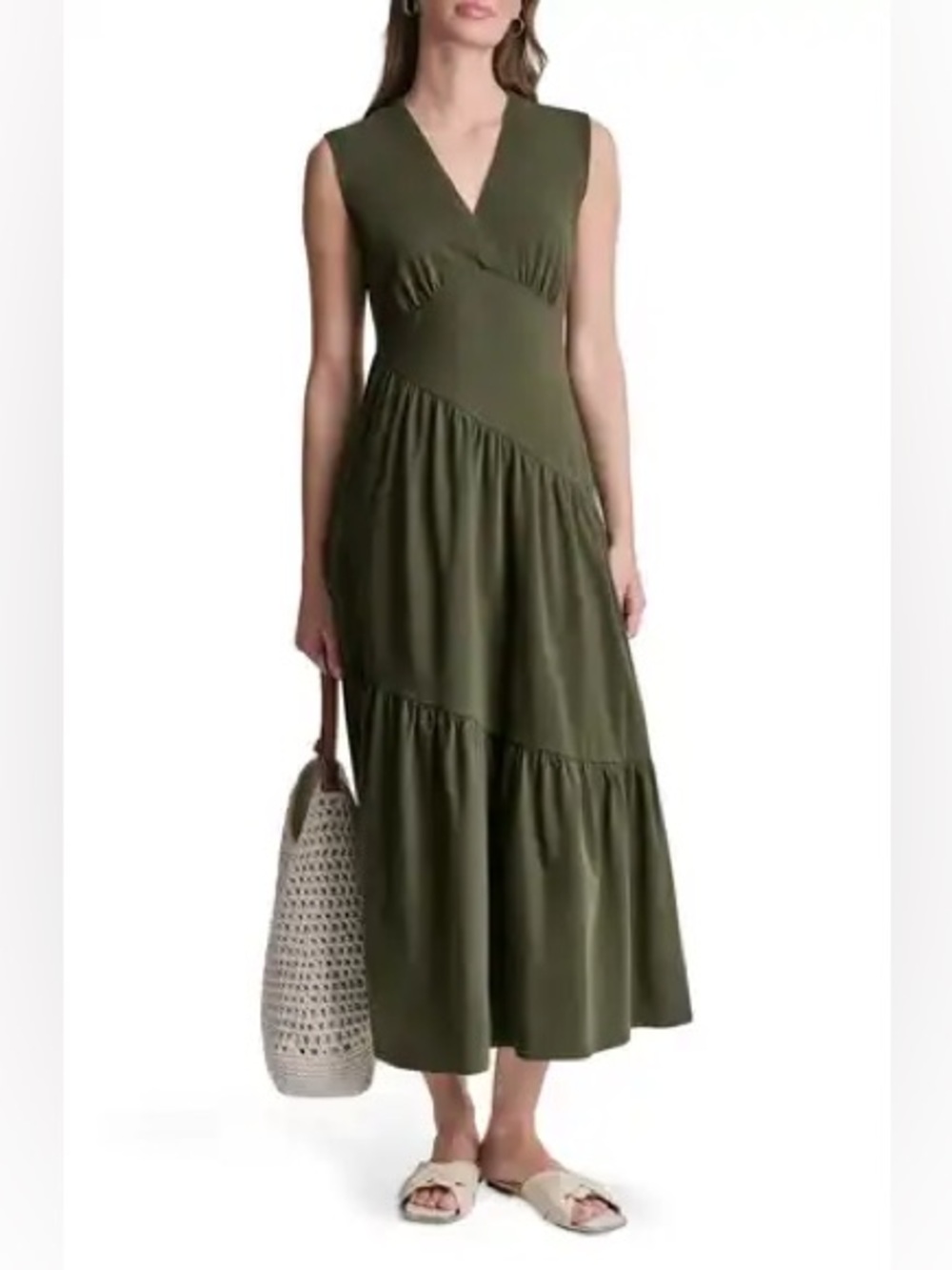 DKNY Olive Green Sleeveless V-Neck Midi Dress